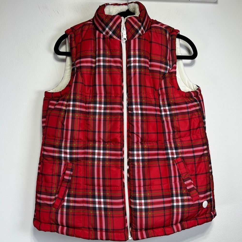 Reversible Red Plaid Puffer Vest Sherpa Collar Heritage Winter Layer Size S